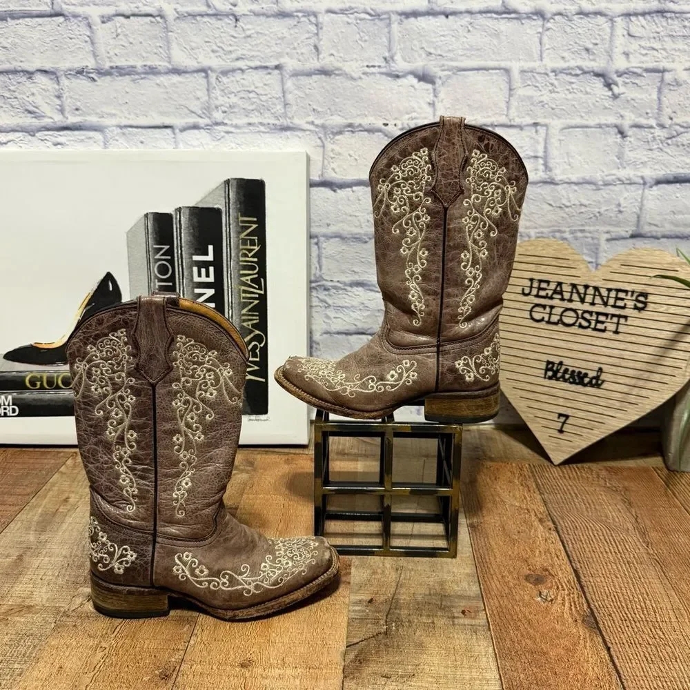 Corral Teens Western Boots Girls Sz 2 Gray Bone Embroidered Cowgirl Square Toe